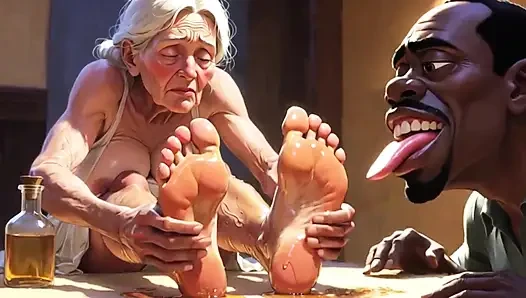 Yaşlı nine ayak ibadeti - adam yağlanmış buruşuk tabanları yalıyor