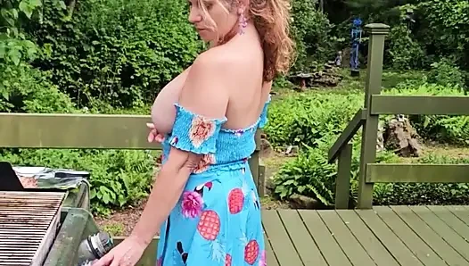 OnlyFans Voyeur look at MOMMY Enjoying the Summer Barbecuing Meat with her BIG TITS Out in the Sunshine