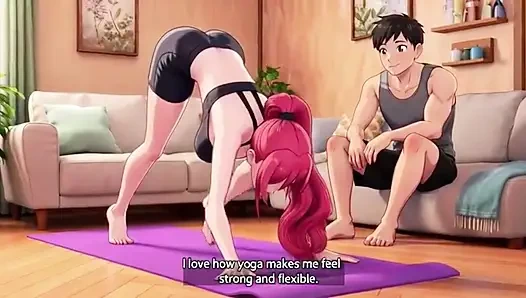 Un demi-frère aide sa demi-sœur dans le yoga et lui presse les seins