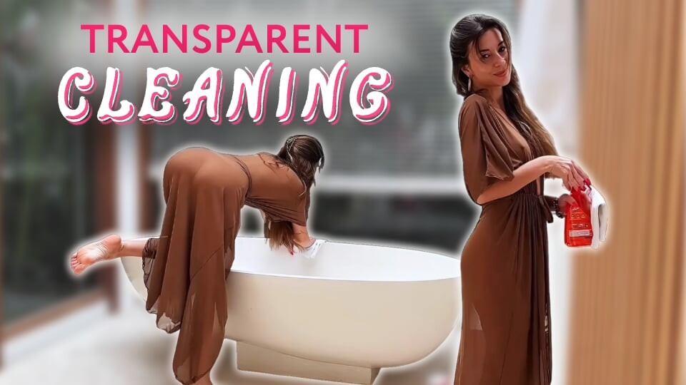 Şeffaf bornozlu seksi esmer ile iç çamaşırı ✨ olmadan banyoyu temizliyor Amy Haze