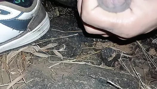 Boy masturbate in night time outdoor.