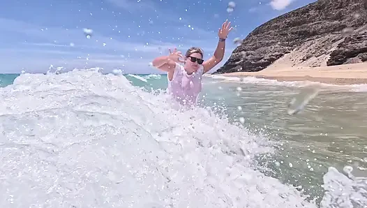 Girl Wetting Jeans in the Ocean and Swimming in Wet White T-shirt