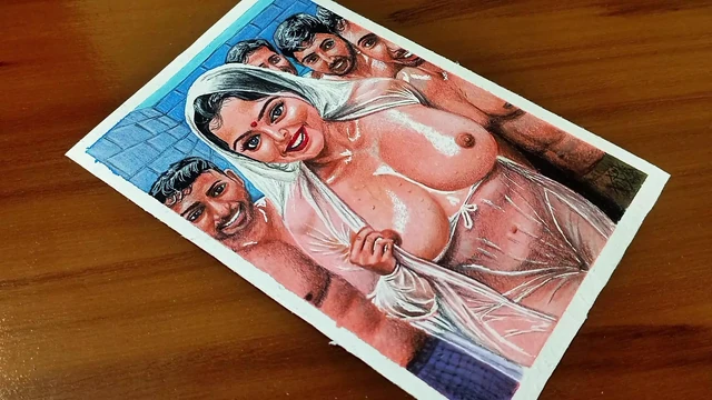 Seksi Hintli kadının dört adamla ıslanıyor erotik sanatı veya çizimi