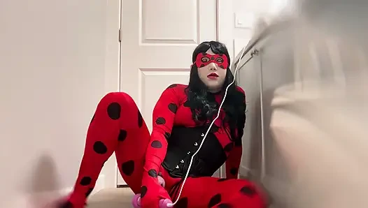 Sissy in ladybug costume cums with vibrator