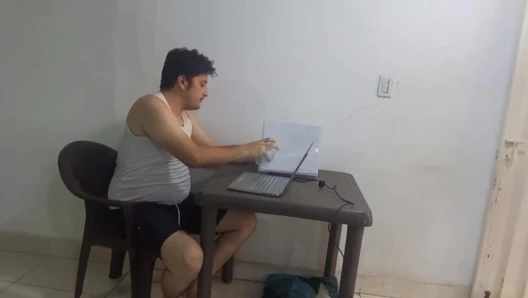 Colombian stepbrother studies on laptop while Venezuelan stepsister sucks his cock, scoops out his milk and swallows it