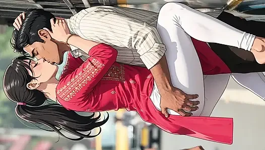 İri göğüslü tombul Hintli güzel kadın kalabalık otobüste istekli erkekler tarafından kaldırılıyor ve taşınıyor - çizgi film ai videosu