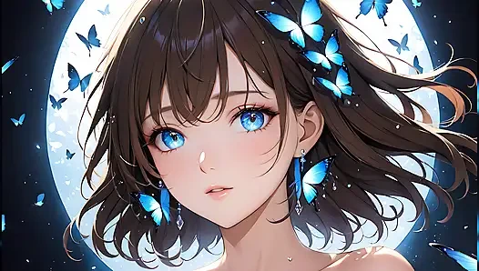 Kelebek radiance etrafında parlayan kanatları olan güzel bir genç kadın