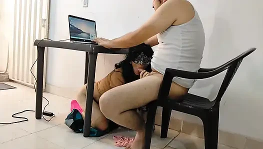 Colombian stepbrother studies on laptop while Venezuelan stepsister sucks his cock, scoops out his milk and swallows it