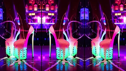 Bir gece kulübünde tezgahın üstünde sıcak yüksek topuklu ayakkabılar, bacaklar, ayaklar ve topuklarda dağınık boşalmalar. Yapay zeka tarafından üretilen