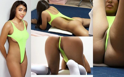 Yüksek bacaklı mikro tanga mayosu, erotik fitness antrenmanı, kızlar yurdunda yaşayan doğal göğüslü siyah Japon kızı gözlemlerek