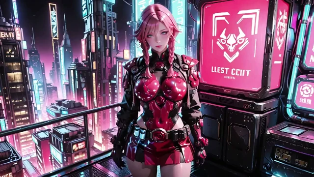 Pembe saçlı Mekanik Savaşçı! Neon sokaklarda diz çökmüş, Kırmızı Gül & Soğuk Zırh Kontrastı, Parmak uçları köprücük kemiklerini okşuyor.