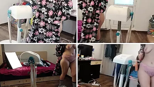 Amateur massage with vibrator, naked brunette. Hairy latina slut, big tits, big ass.