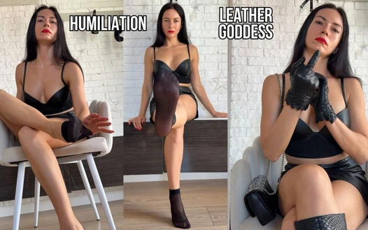 Deri tanrıça, köle eğitimi, aşağılama, naylon çoraplı ayaklar ibadeti 4k