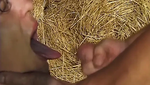 Yakalı kızıl saçlı orta yaşlı seksi kadın saman üzerinde sikiliyor