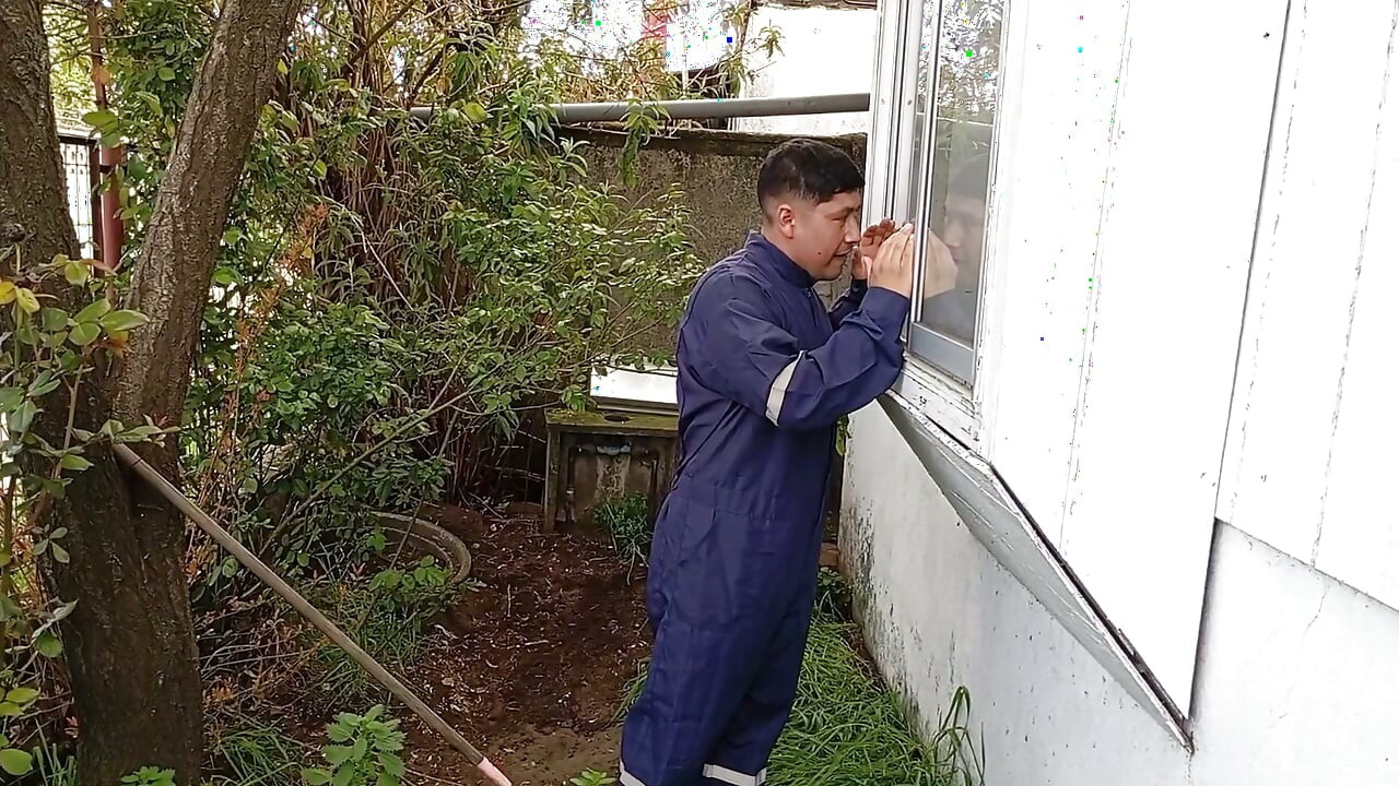 An unfaithful wife invites the gardener inside after he watches her through the window.