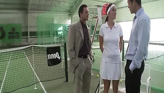 Sex on Job Scene 3: Busty Brunette MILF Enjoys Double Penetration on the Tennis Court