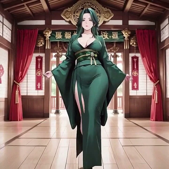 Derin Yeşil Kimono! Özel tapınak yürüyüşü, yüksek yarık kazaları!