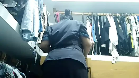 MILF maid masturbates her big ass in her boss's locker room while he works