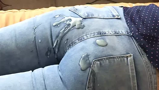 My best friend's husband gives me a big cumshot in my ass with the jean on