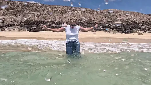 Girl Wetting Jeans in the Ocean and Swimming in Wet White T-shirt