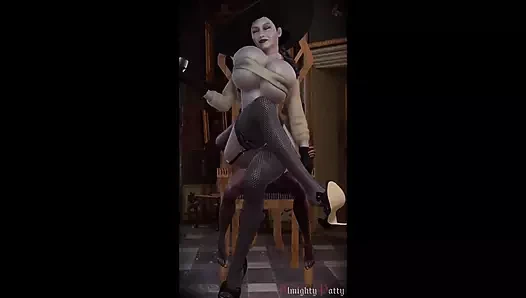 Lady Dimitrescu sandalyede ters kovboy kızda sevimli bir yarağa oturuyor