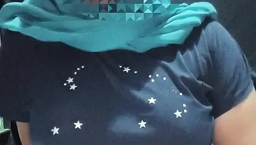 Blue hijab Muslim woman with seductive black t-shirt