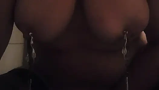 Pain slut: Nipple weights, pussy clamps. Playing with a wand to orgasm.