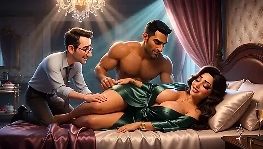 A Muslim man and a Jewish wife, with her cuckold  Christian husband watching her being fucked.