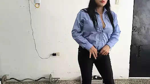 A female police officer is home, ready for her work break. She's a sweet, busty woman.