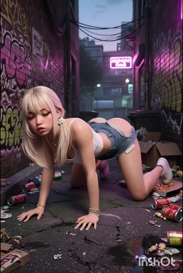 Blonde in public alley, masturbates on the floor with braces and white top