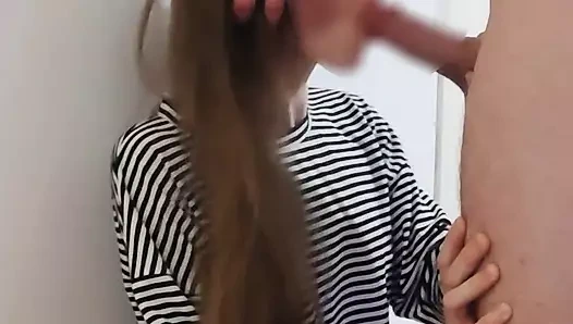 Greedily sucks and fucks against the wall