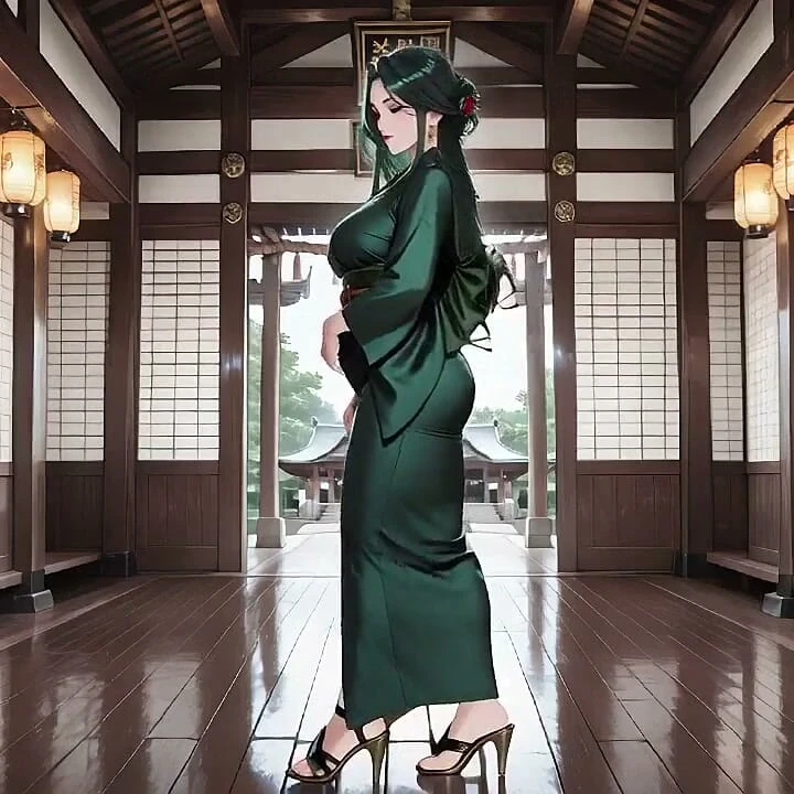 Derin Yeşil Kimono! Özel tapınak yürüyüşü, yüksek yarık kazaları!