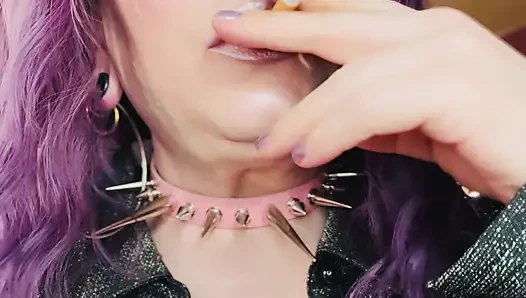 Purple Haired Smoking Goth Tina Snua Smokes Close Up - Coughing Smoke Drifts OMI OME Snap Inhales
