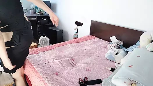 Amateur wife having fun trying on clothes that she cuts. Sexy mom dancing naked in the house.