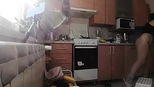 Sexy mom makes breakfast, hairy pussy, big tits Sexy woman empties the house, hairy, big ass.