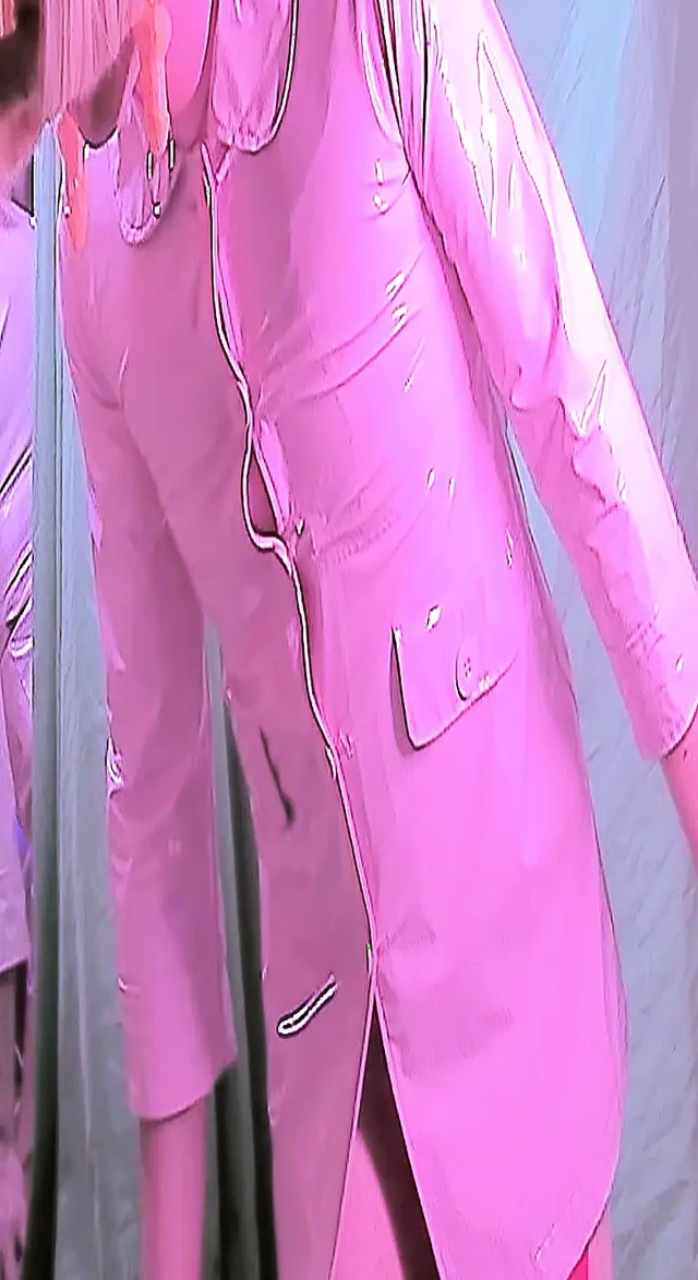 Küçük pembe vinil ceketimin içinde duruyorum