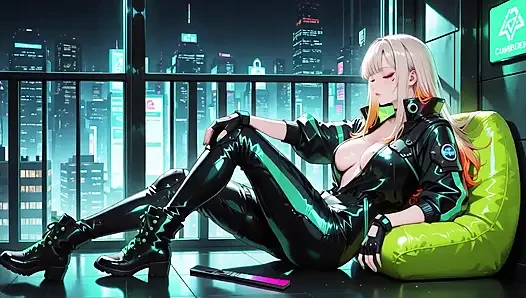 Neon Yağmur Gecesi! Islak deri çömelmiş sarışın ajan düşük, holografik parıltı ve soğuk bakışlar.
