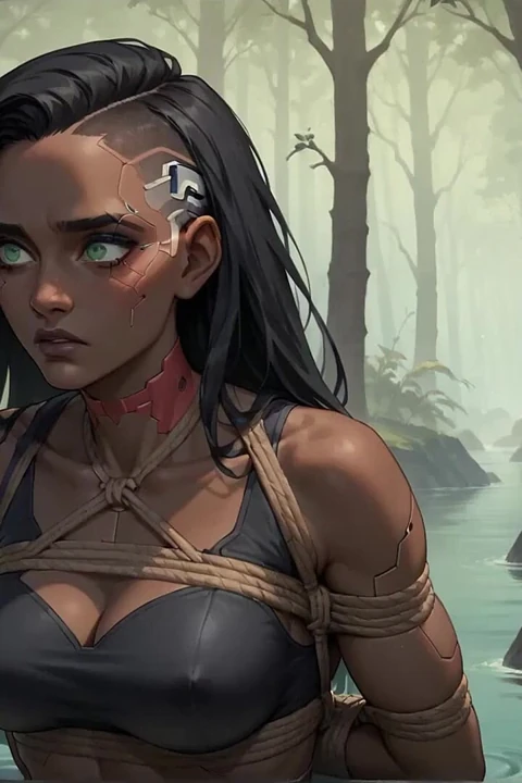 Karanlık tonlu bir ormanda, cyberpunk bir penisi yutuyor
