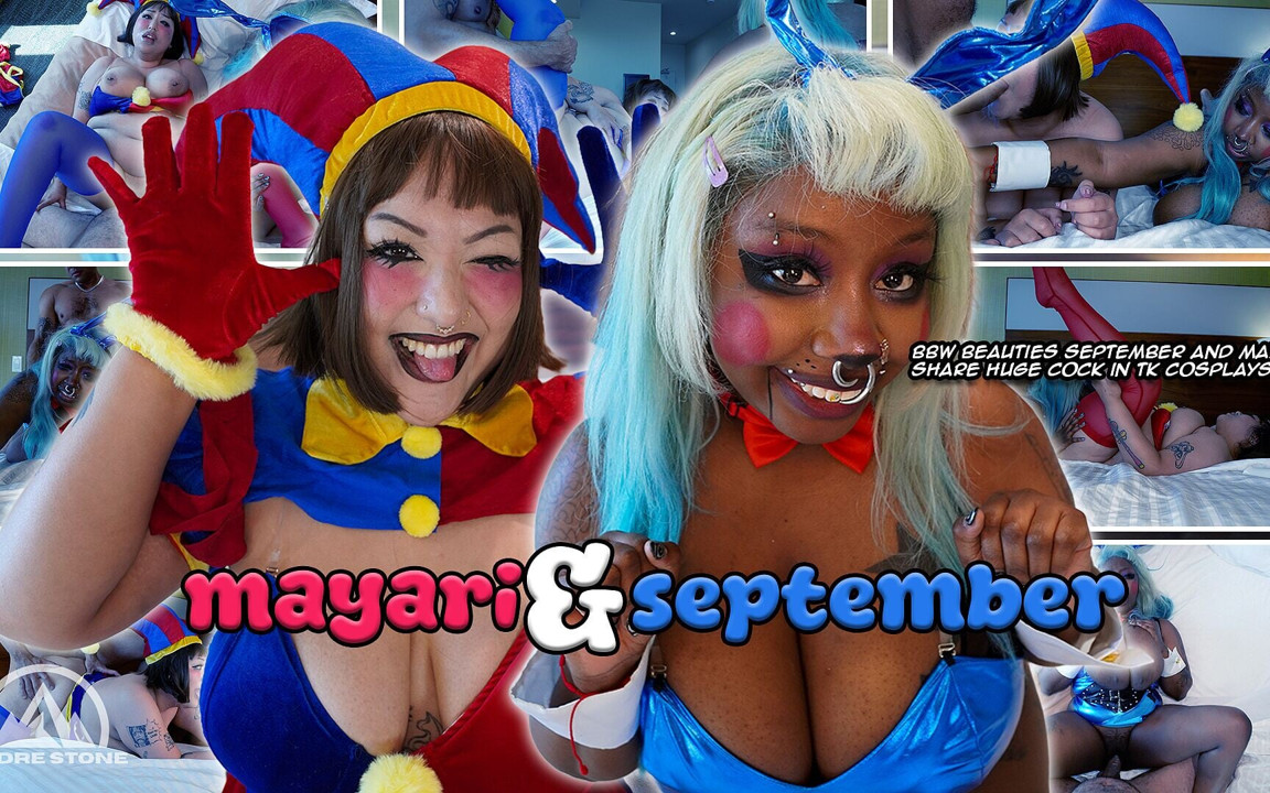 İri güzel kadınlar mayari ve eylül pomni ve bunnygirl kostümlü büyük yarağı paylaşıyor