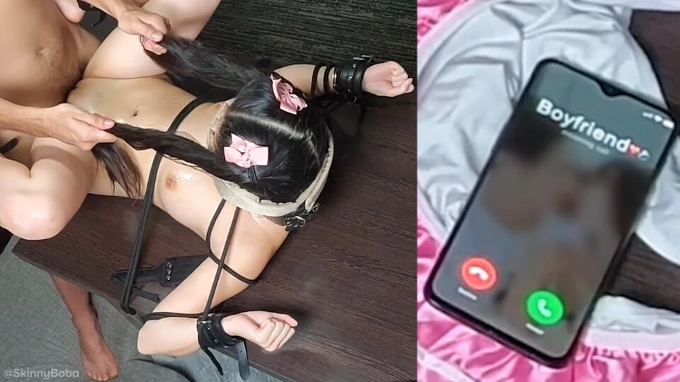 Mam tylko 18 lat! Mój chłopak mnie znajdzie! Drobna azjatycka niewolnica związana bdsm zerżnięta, podczas gdy chłopak przez telefon.