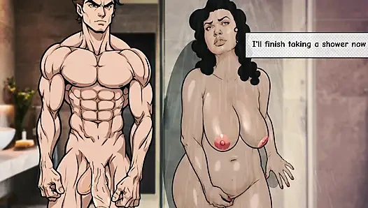 Mütevazı Ev Hanımı Duşta Kocasını Büyük Yaraklı Kaslı Bir Adamla Aldatıyor. Karikatür