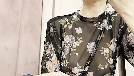 Trying my new sheer blouse in a caffe, showing my hard pierced nipples in public.