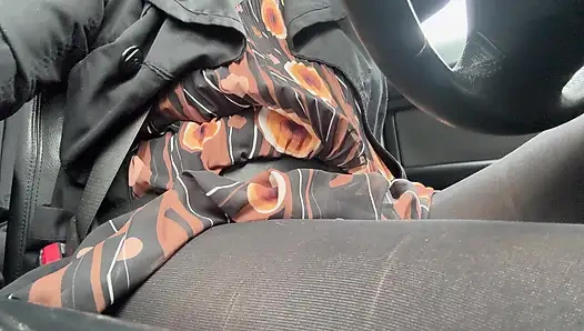 Elegant stepmom drives to the office wearing tights and a beautiful dress