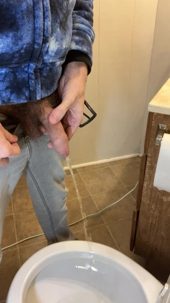 Вид сбоку моего очень волосатого большого необрезанного хуя, писсинг в туалете