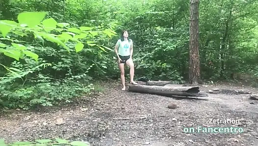She's pleasuring her pussy  a sweet brunette MILF in the forest, and I'm secretly watching her!