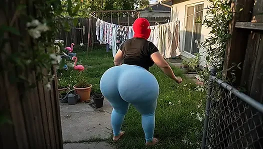 Dar açık mavi taytlı büyük götlü komşu ve verandada mavi tanga
