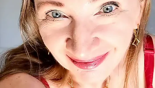 Hottest GILF ever with huge tits teasing in red