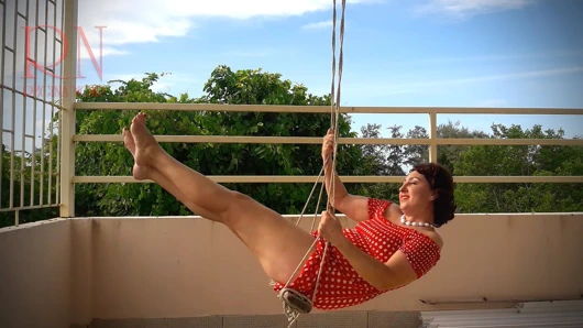 Beutiful lady swinging without panties on a swing outdoors. Slow motion 127 1