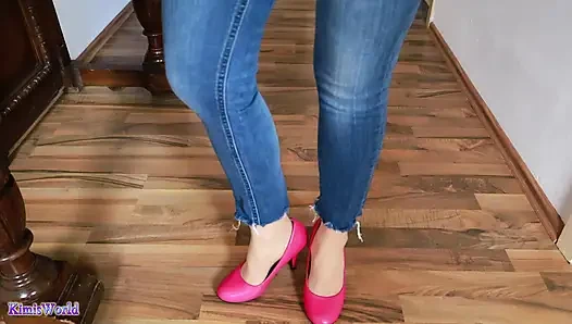 Pink Heels on Wood - Seductive Clicking and Jeans Tease Asmr