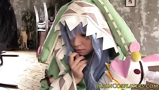 Bluehair cosplay babe in uniform jerks